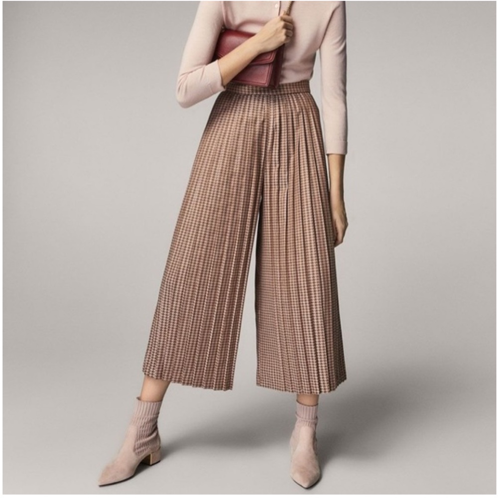 Massimo Dutti High Pleated Houndstooth Bermuda Trousers Culottes Pants Bottoms
